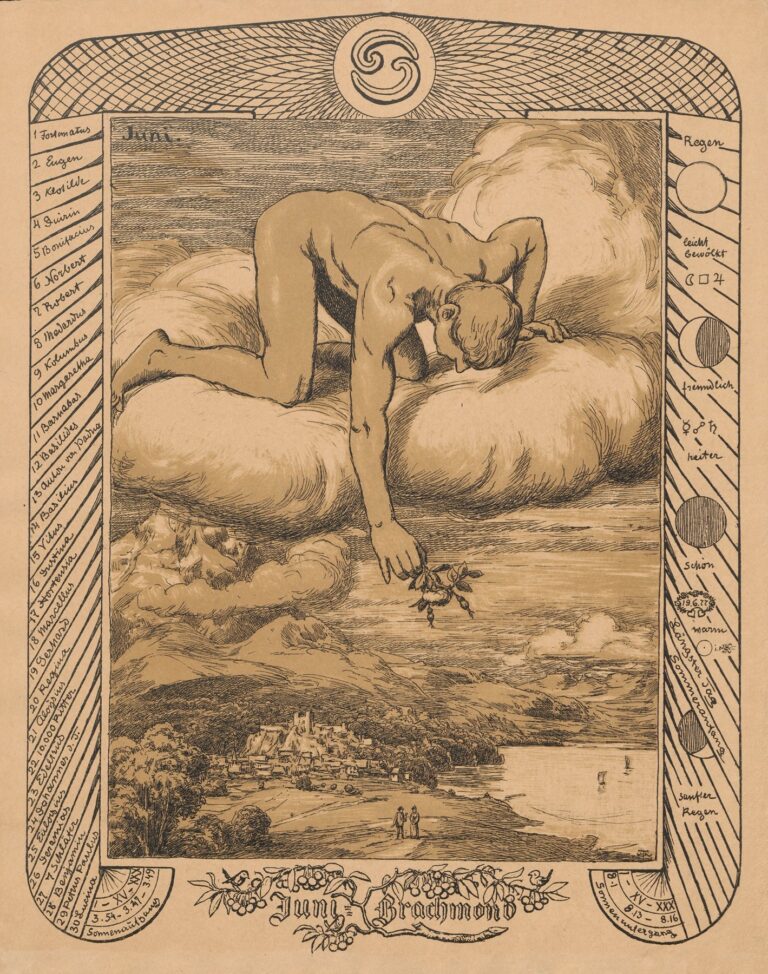 Sepia-toned pen-and-ink allegory showing a nude male figure crouched on a fluffy cloud, reaching down to pluck a sprig of berries above a panoramic village and lake, flanked by vertical panels listing June saints’ feast days on the left and weather symbols on the right under a circular June motif.