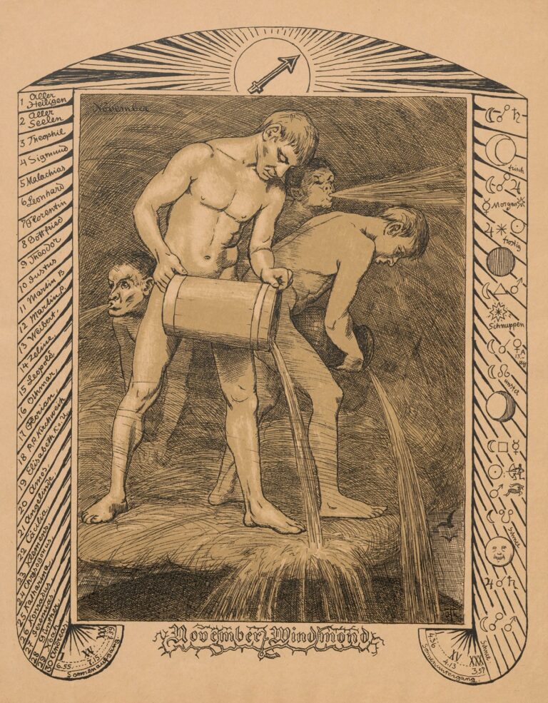 Sepia-toned allegorical scene depicting three nude figures pouring water from buckets, framed by ornate calendar borders listing saints’ days, astrological symbols, and sunrise/sunset diagrams under a sun pierced by an arrow.