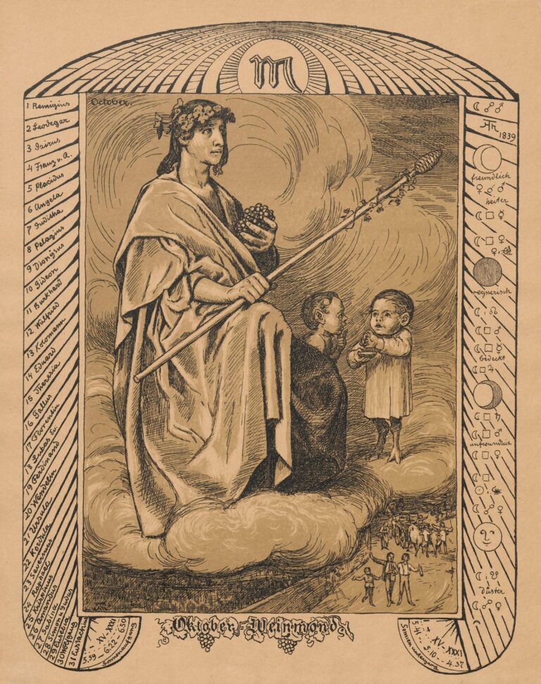 Pen-and-ink and wash allegorical composition depicting a robed female figure crowned with vine leaves seated on a cloud holding grapes and a staff, accompanied by two children, framed by vertical saints’ feast day lists and astrological symbols beneath an arch featuring the Scorpio glyph.