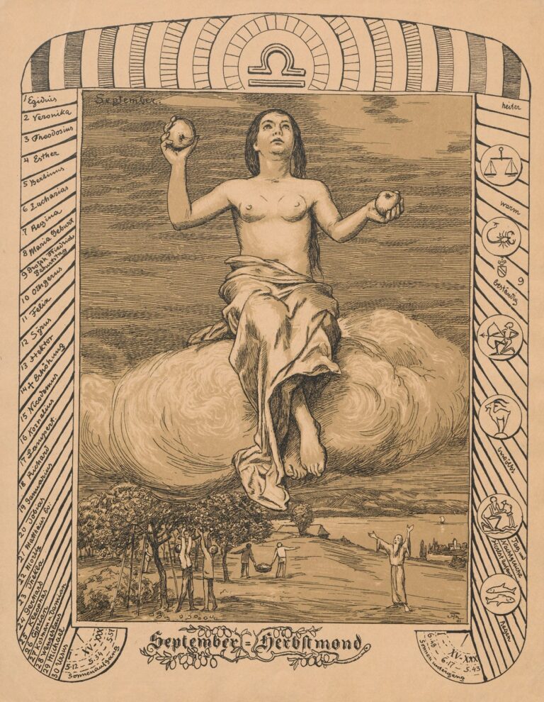 Pen-and-ink and wash drawing of a nude female figure seated on a swirling cloud holding two apples aloft, with villagers harvesting in an orchard below, framed by vertical panels listing September feast days and astrological symbols under the Libra sign.