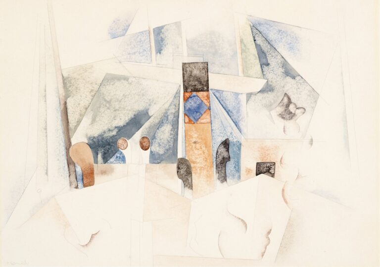 abstracted watercolor and pencil composition of overlapping geometric planes suggesting shoreline, structures, and sky in pale blues, beiges, and sandy washes.