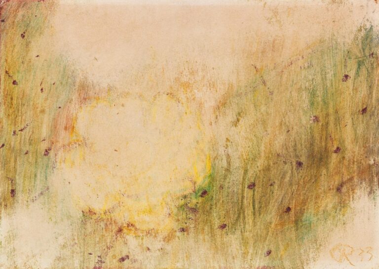 Abstract composition of green and ochre strokes against a beige ground, accented by scattered red specks, suggesting the form and blooms of a cactus in expressive, textured brushwork.