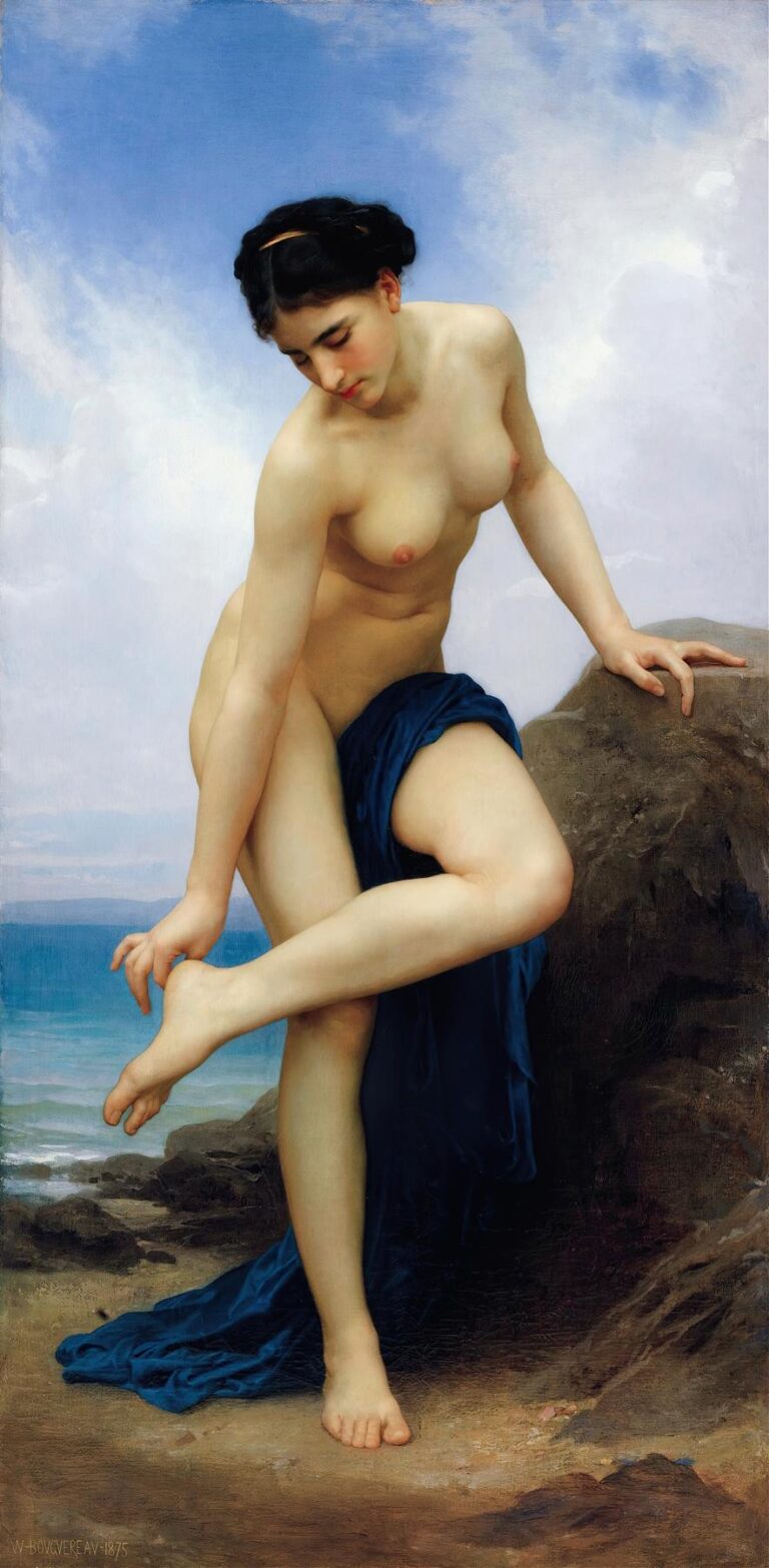 William Bouguereau’s “After the Bath” (1875) depicts a nude young woman stepping from the sea onto a rocky shore, her wet hair and flowing blue drapery highlighting her graceful form against a bright sky.