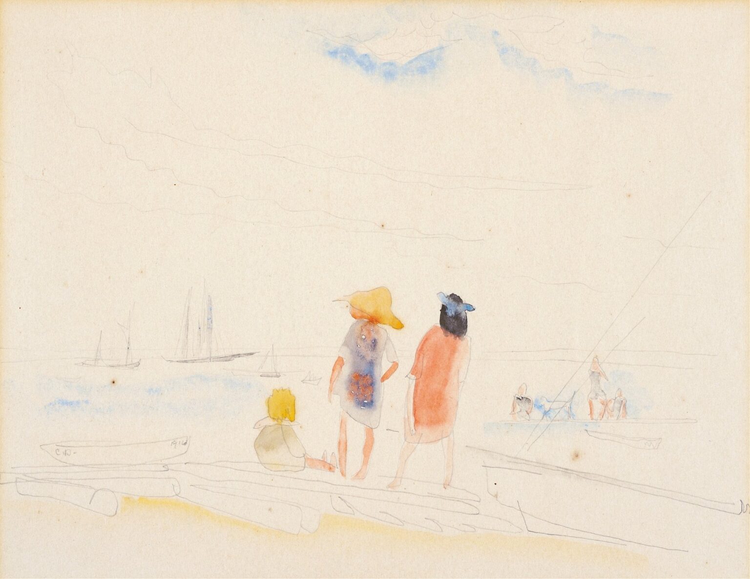 delicate pencil and watercolor scene of two standing women and one seated child gazing at distant sailboats along a pale shoreline under a vast sky.