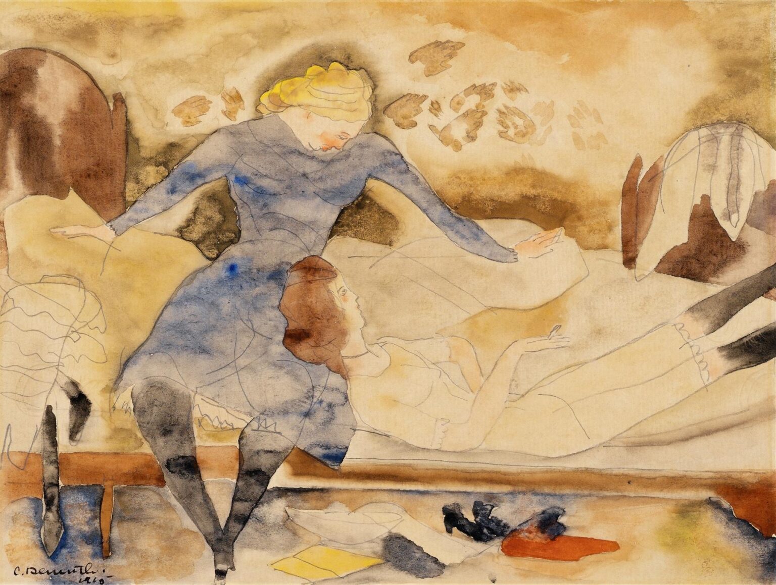 watercolor and pencil depicting two women in a bedroom, one standing at the bedside and the other reclining, rendered in soft browns, blues, and ochres.