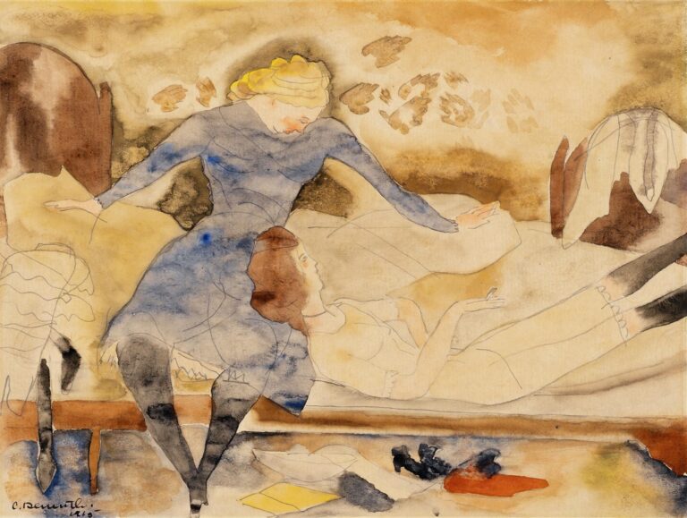 watercolor and pencil depicting two women in a bedroom, one standing at the bedside and the other reclining, rendered in soft browns, blues, and ochres.