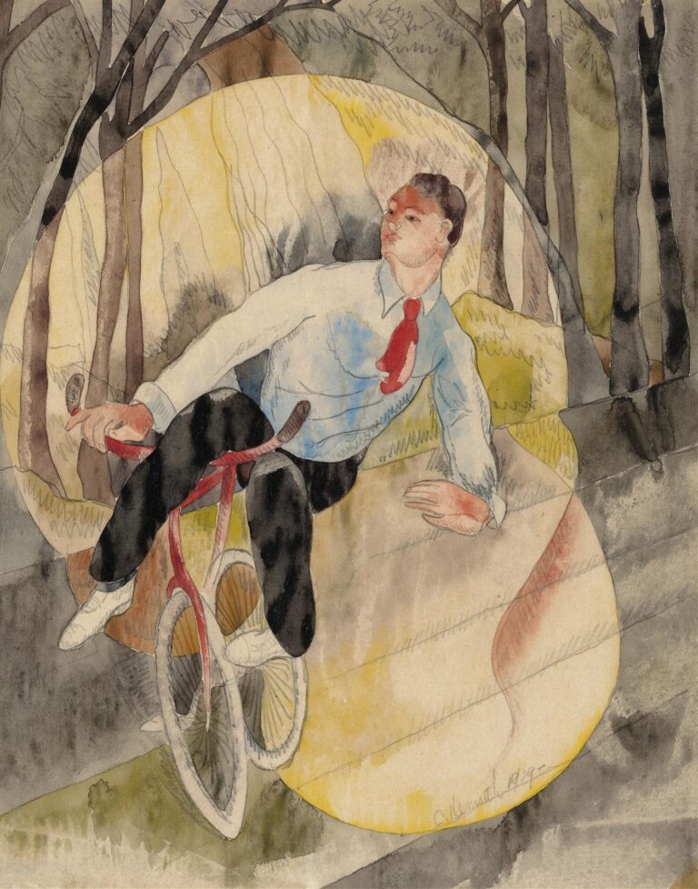 watercolor and pencil depicting a vaudeville performer balancing on a bicycle against overlapping circular and diagonal shapes in soft grays, greens, and ochres.