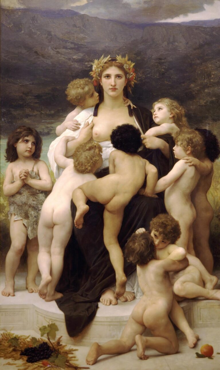 William Bouguereau’s 1883 painting “Alma Parens” depicts a serene mother crowned with wheat and flowers, seated on marble as nine infants of diverse tones cling to her, set against a muted mountain landscape.