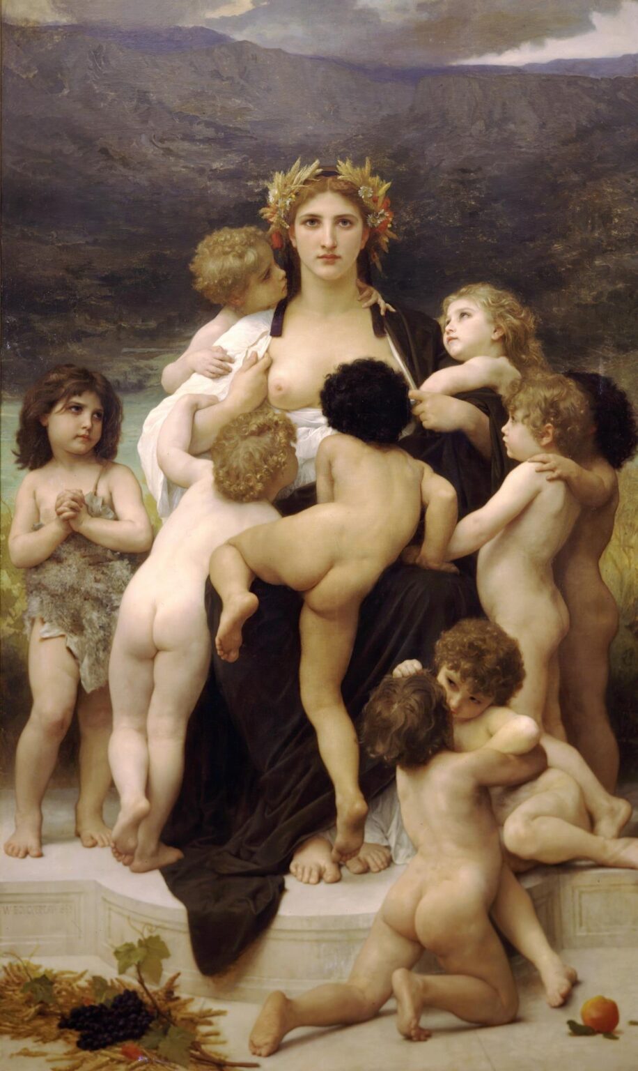 William Bouguereau’s 1883 painting “Alma Parens” depicts a serene mother crowned with wheat and flowers, seated on marble as nine infants of diverse tones cling to her, set against a muted mountain landscape.