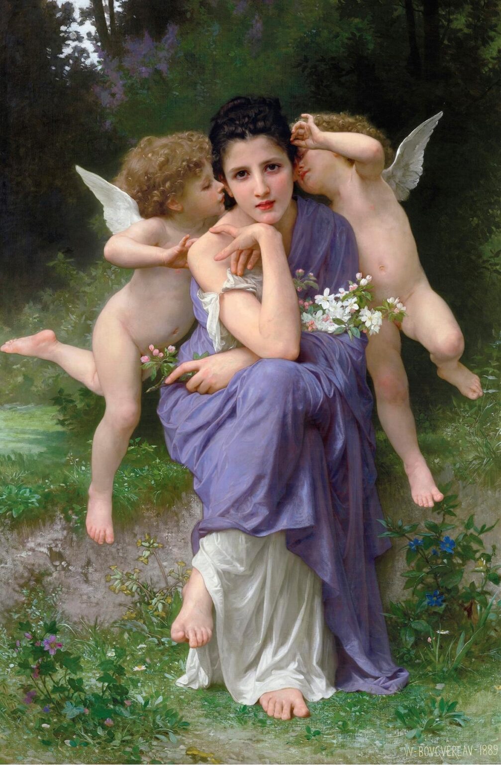 William Bouguereau’s 1889 painting “Spring Songs” shows a young woman in a lilac and white drapery seated on a stone ledge in a forest glade, holding a garland of blossoms as two cherubs whisper in her ears amid lush foliage.