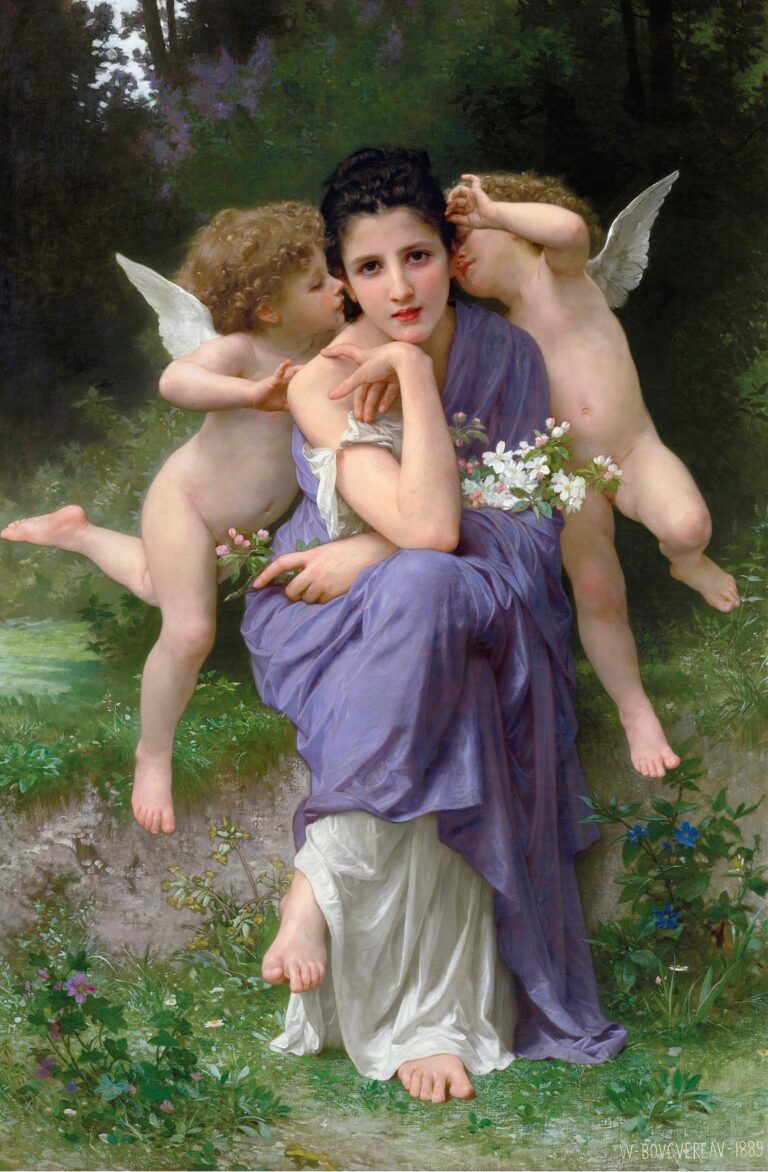 William Bouguereau’s 1889 painting “Spring Songs” shows a young woman in a lilac and white drapery seated on a stone ledge in a forest glade, holding a garland of blossoms as two cherubs whisper in her ears amid lush foliage.
