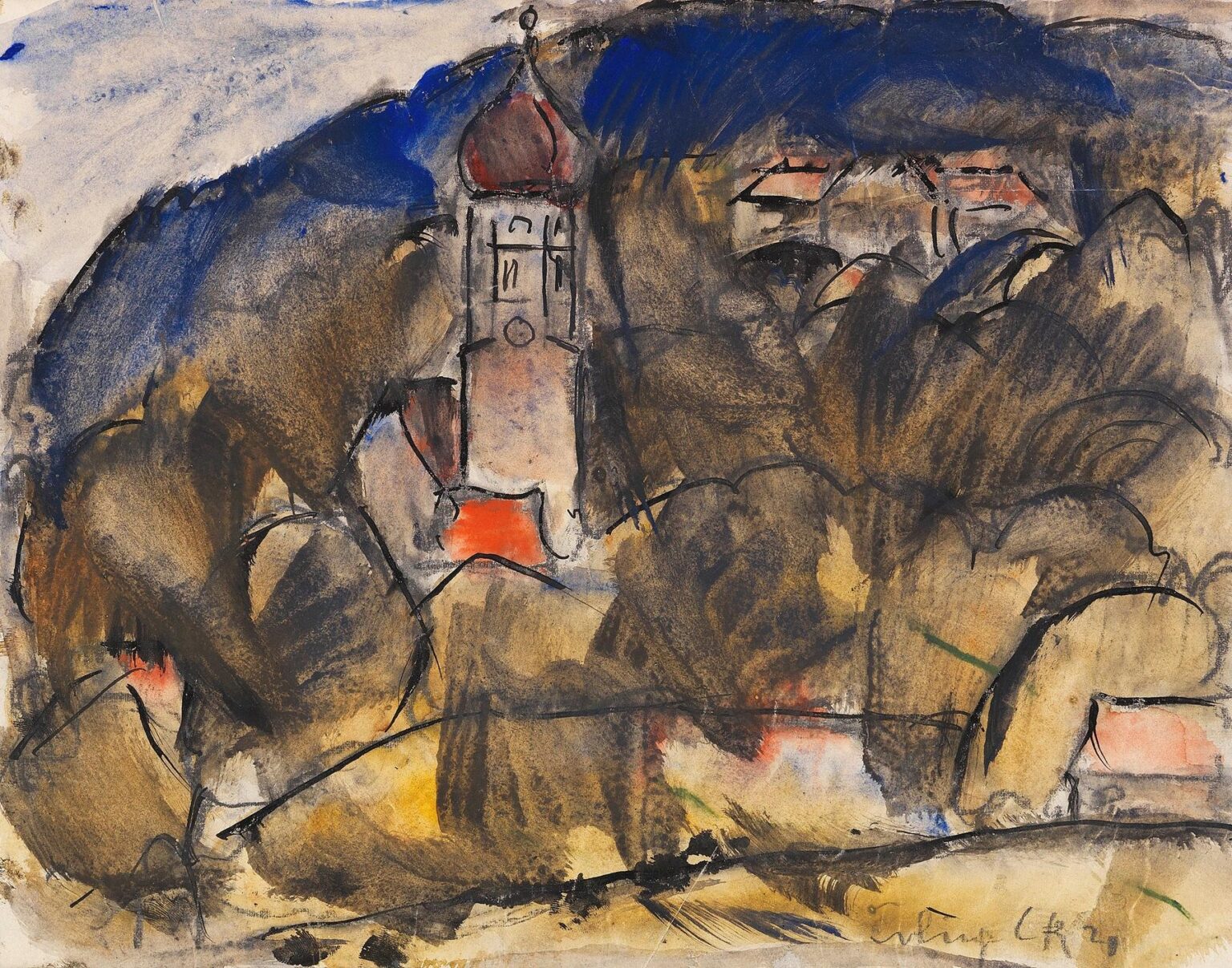 Abstracted landscape with a central church spire rendered in dark strokes, set against rolling ochre fields and a deep blue sky, with gestural lines and layered textures conveying emotional intensity.