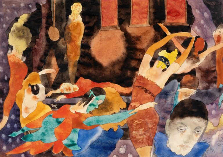 A watercolor by Charles Demuth depicting a frenetic masked ball: dancers in fragmented poses, swirling red and blue costumes, scattered chairs, and a gaunt, hooded figure symbolizing Death.
