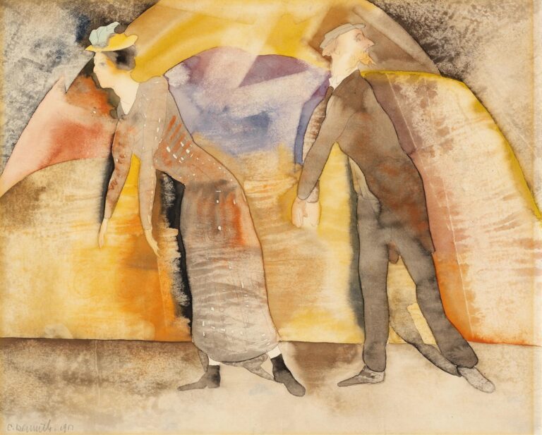 A watercolor by Charles Demuth depicting a man and woman leaning forward on a minimalist stage, framed by stylized curved shapes in warm ochre and gray tones.