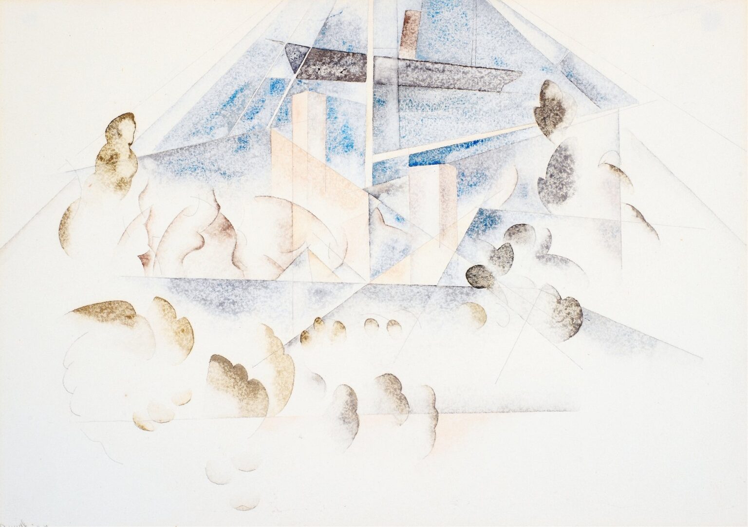 watercolor and pencil of slender ship masts piercing a luminous sky above rounded green‑brown foliage shapes and vast white paper highlights.