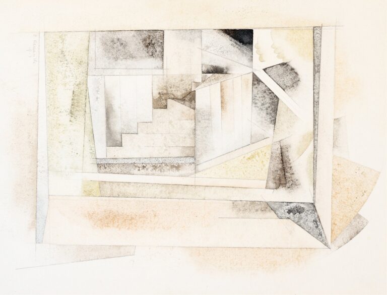 Watercolor and pencil abstraction of a stairway on Bermuda: interlocking geometric planes, faint stair‑step forms, and gentle washes of peach, gray, and olive suggesting light and depth.