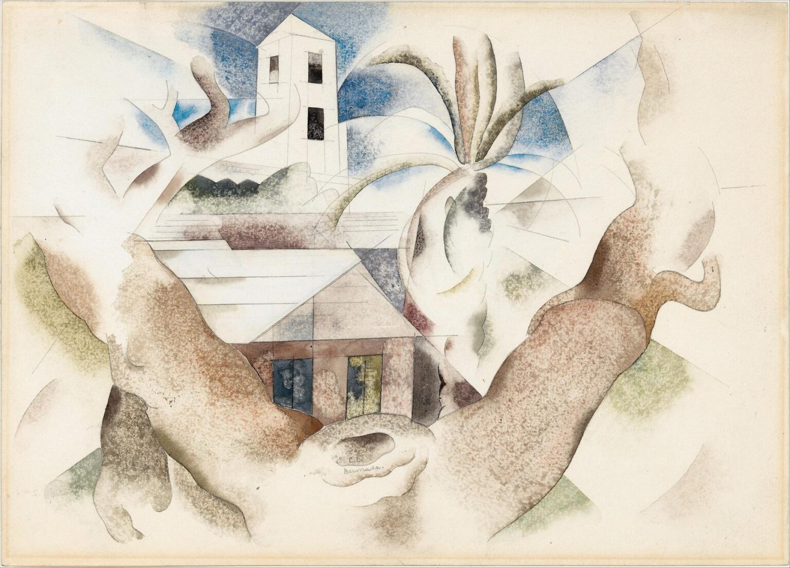 abstracted watercolor and pencil composition of a pastel‑stucco house and gnarled tree rendered as overlapping geometric planes and airy washes.