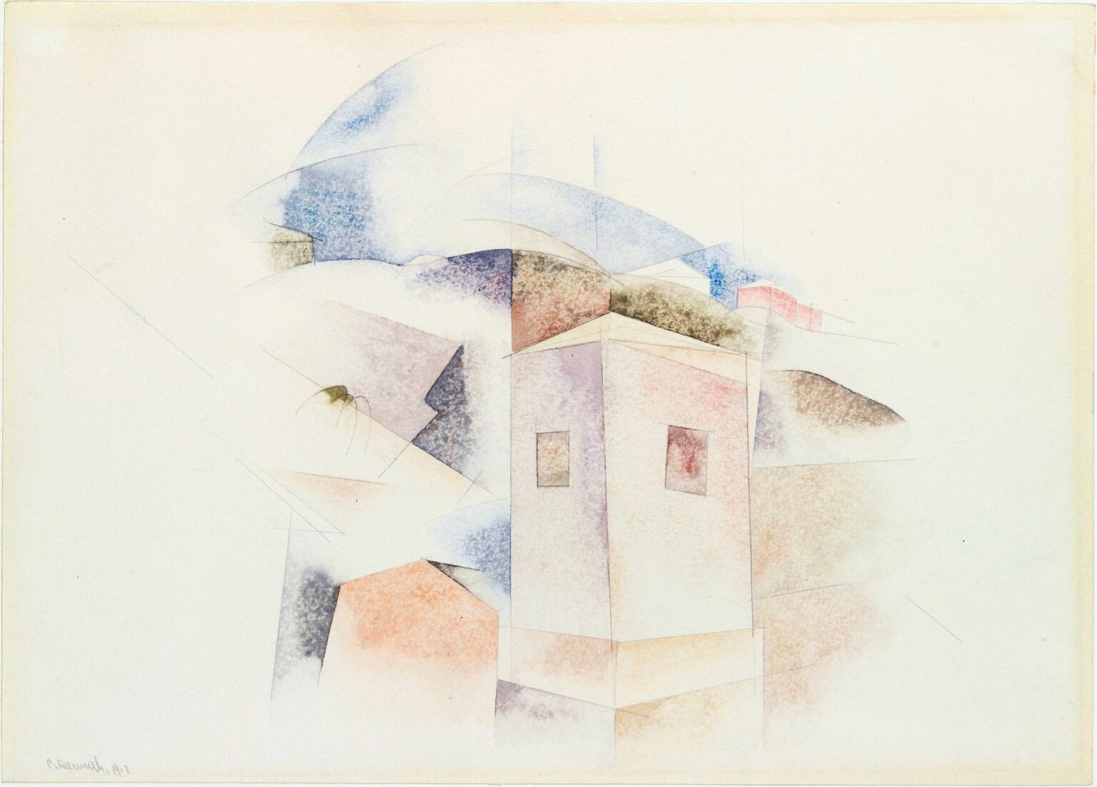 abstract pencil and watercolor composition of overlapping geometric planes in pale blues, sandy ochres, and soft corals suggesting a tower, dunes, and sky.