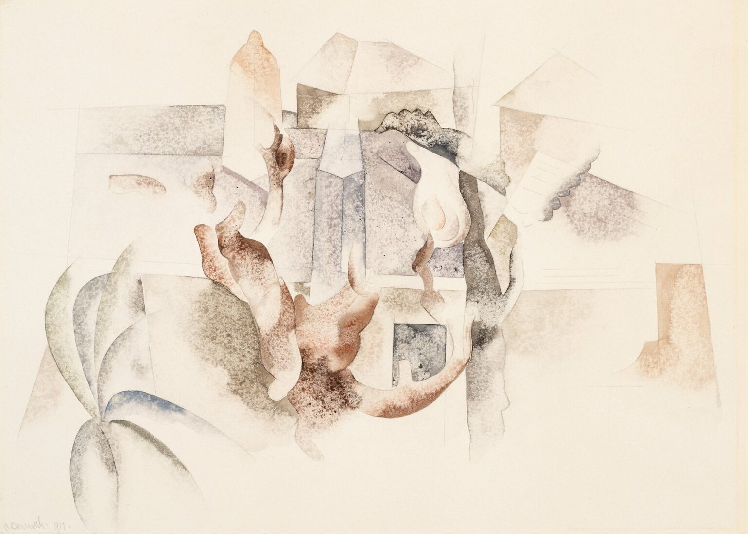 abstract watercolor and pencil composition featuring overlapping geometric shapes suggesting shoreline, buildings, and tropical foliage in pale blues, greens, and sandy washes.