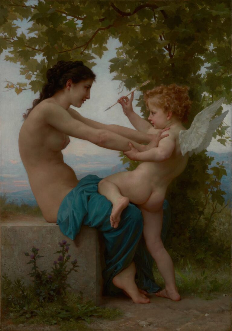William Bouguereau’s 1880 painting “A Young Girl Defending Herself against Eros” shows a nude adolescent seated on a stone bench under leafy shade, arms outstretched to block the arrow of the winged Cupid advancing toward her.