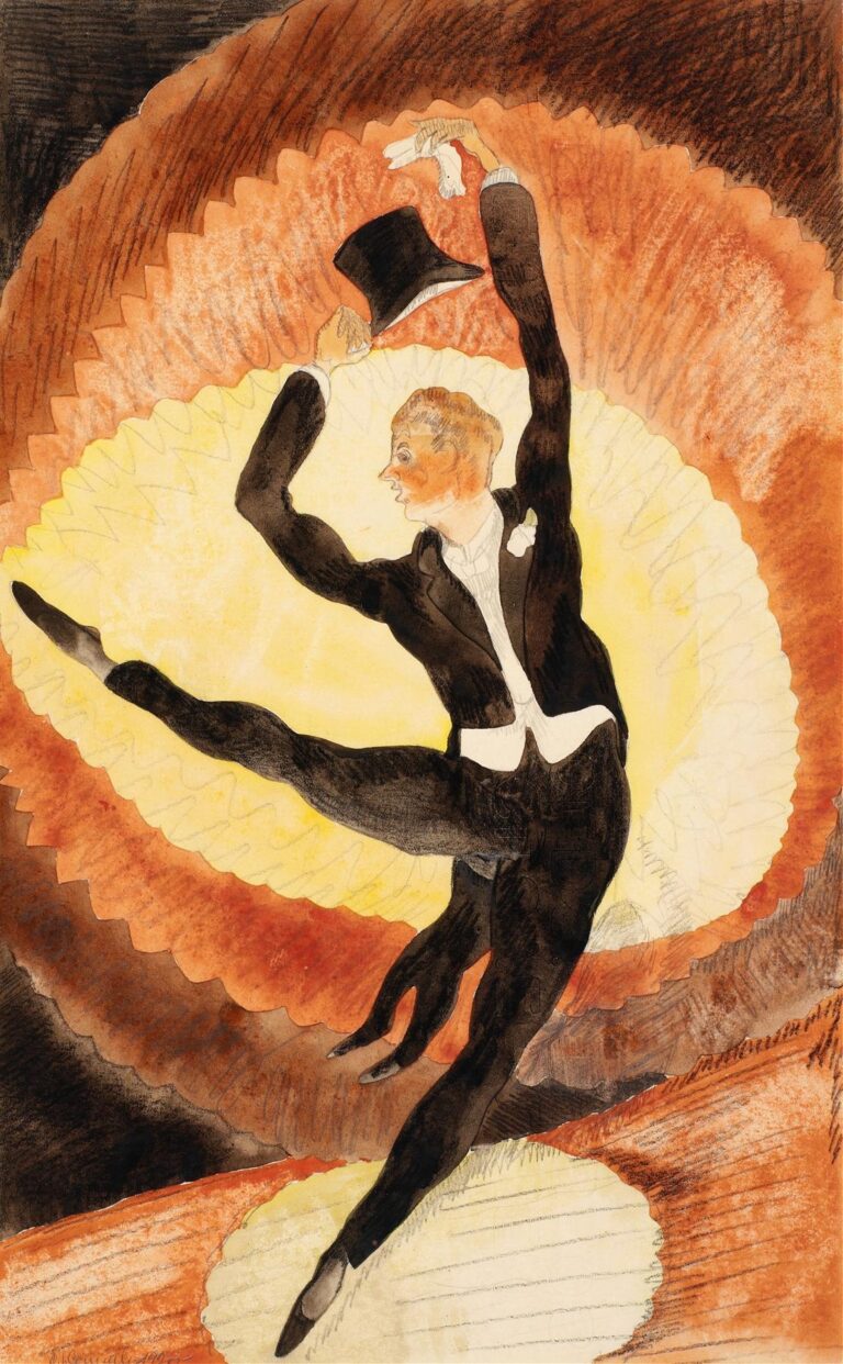 A watercolor by Charles Demuth depicting an acrobatic male dancer in mid‑leap wearing a black top hat and tailcoat, framed by concentric curved bands of warm orange and golden yellow washes.