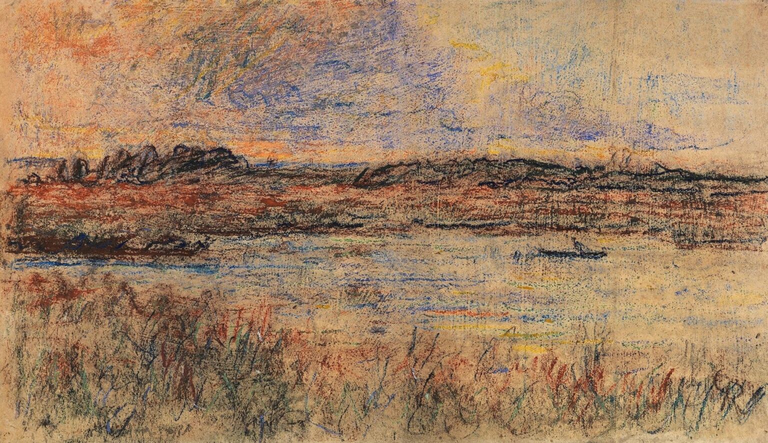 Pastel landscape of a tranquil lake at dusk with horizontal strokes of orange, lavender, and blue reflecting across calm water, bordered by dark reeds in the foreground under a softly glowing evening sky.