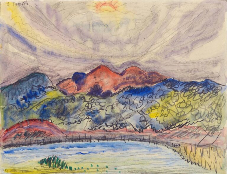 Charles Demuth’s watercolor Early Landscape (1914) showing a dynamic riverbank scene with swirling pastel sky, looping pencil foliage, warm red‑violet hills, and gently rippling water at the foreground.