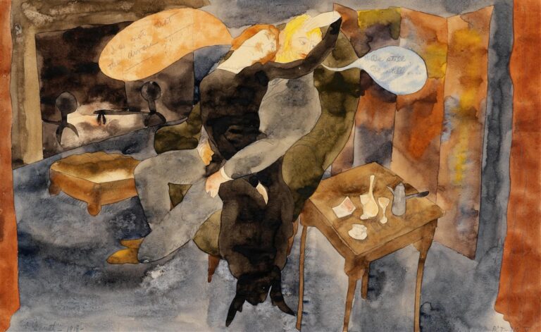 A watercolor by Charles Demuth showing a seated couple—she leaning into him—on a cushioned chair beside a dark hearth and small table with glassware, rendered in soft grays, browns, and ochres with pencil outlines.