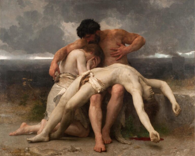 Large oil painting showing a grieving Adam and Eve mourning over their dead son Abel, whose pale body lies across their laps against a dark, stormy landscape.