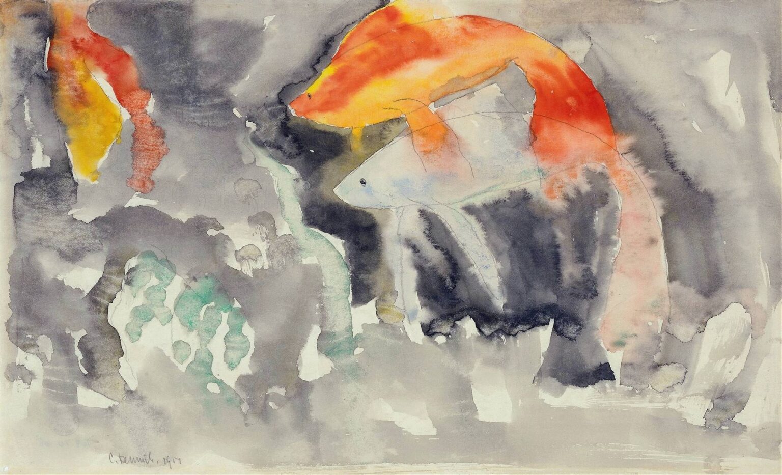 Watercolor and pencil depiction of five orange‑striped fish swimming in swirling gray and violet washes, with overlapping bodies and delicate pencil outlines suggesting movement and water texture.