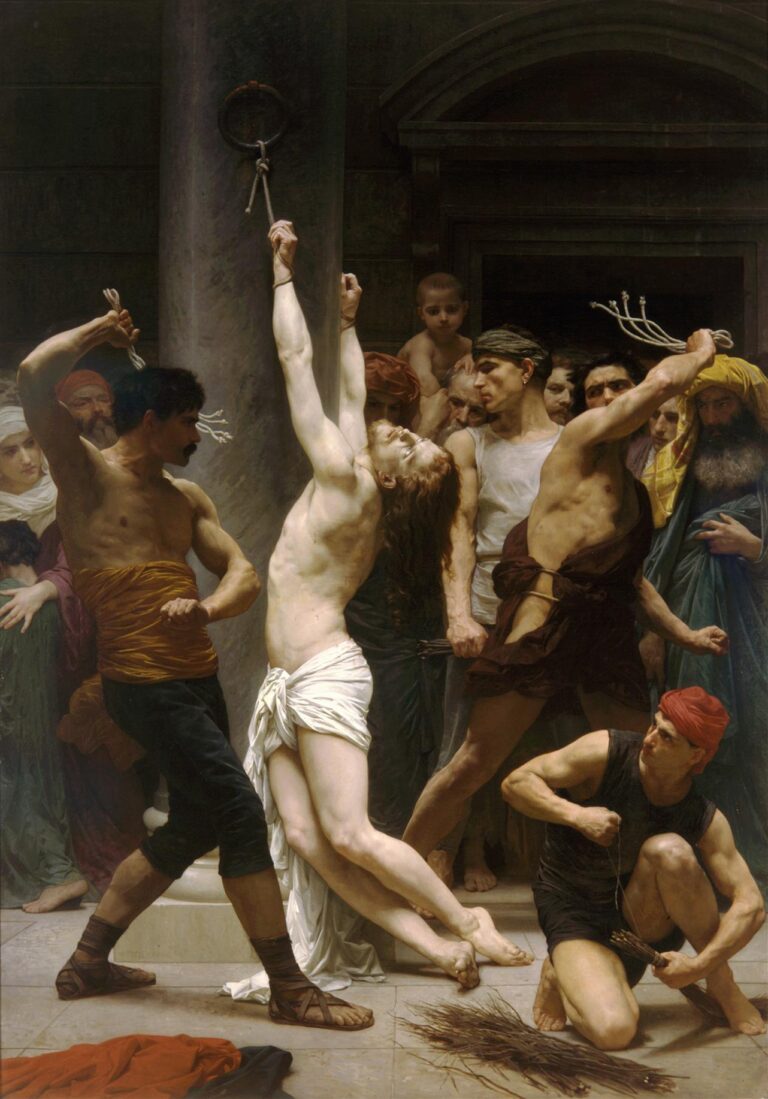 William Bouguereau’s 1880 oil painting “The Flagellation of Our Lord Jesus Christ” shows Christ bound to a marble column and scourged by two muscular torturers, surrounded by a crowd of onlookers under a leafy canopy.
