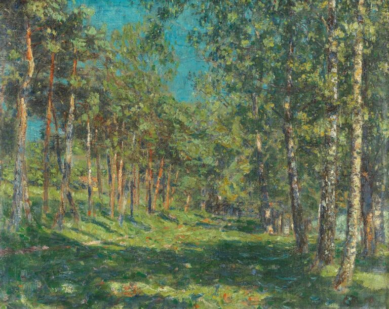 A 1900 oil painting showing a sunlit forest glade filled with slender birch and pine trunks; the ground is carpeted in vibrant green undergrowth lit by dappled sunlight, while the foliage above and the richly textured brushstrokes create a dynamic interplay of light and shadow.