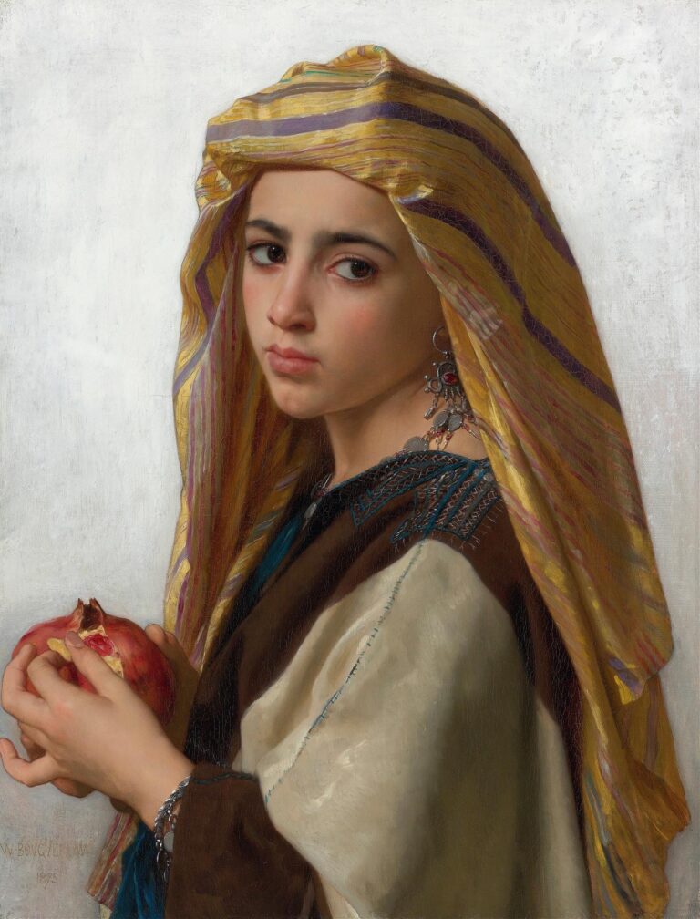 William Bouguereau’s “Girl with a Pomegranate” (1875) depicts a dark-haired peasant girl holding a split pomegranate against a plain background, her large brown eyes looking toward the viewer with a mix of innocence and contemplation.