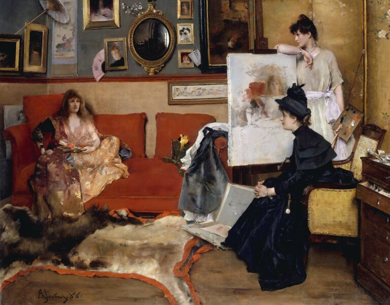 A female painter in a black dress sits before an easel, palette in hand, while her model reclines on a red sofa beneath framed art and fans in a richly decorated 19th‑century studio.
