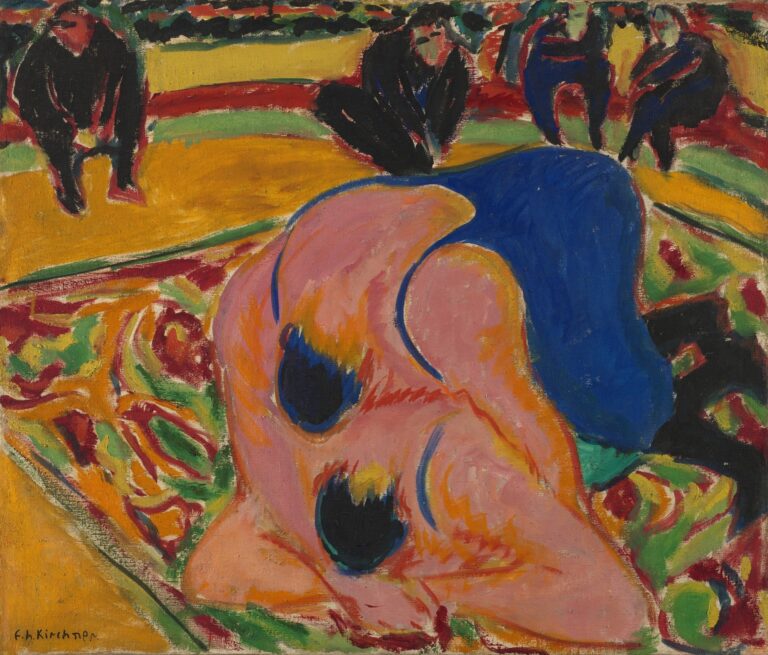 Expressionist painting of two nude wrestlers entwined on a vividly patterned circus mat, surrounded by dark, masked spectators, all rendered in flattened planes of pinks, blues, yellows, and reds.