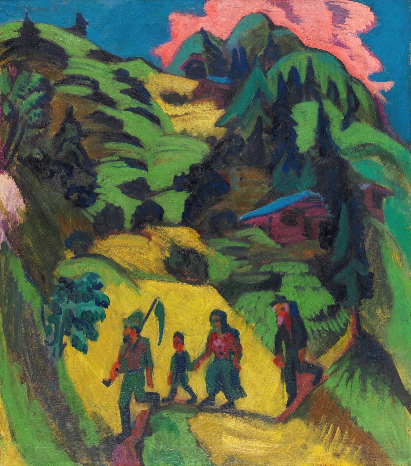 Expressionist alpine scene by Ernst Ludwig Kirchner showing four figures—harvester with scythe, woman with child, and lone man—walking uphill along a bright yellow path through vivid green hills, dark pines, and teal mountains under a pink-tinted sky.