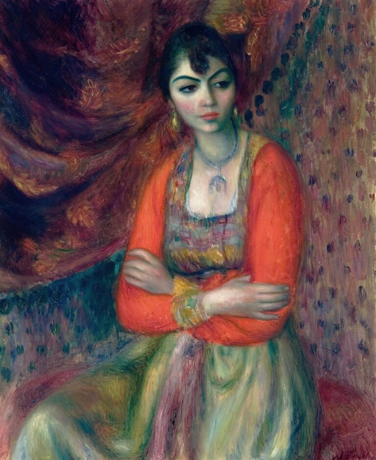 Portrait painting of a young Armenian woman seated indoors, arms folded, wearing a bright coral jacket, patterned bodice, and green skirt against a swirling burgundy drapery, rendered in luminous Impressionist brushwork by William James Glackens, 1916.