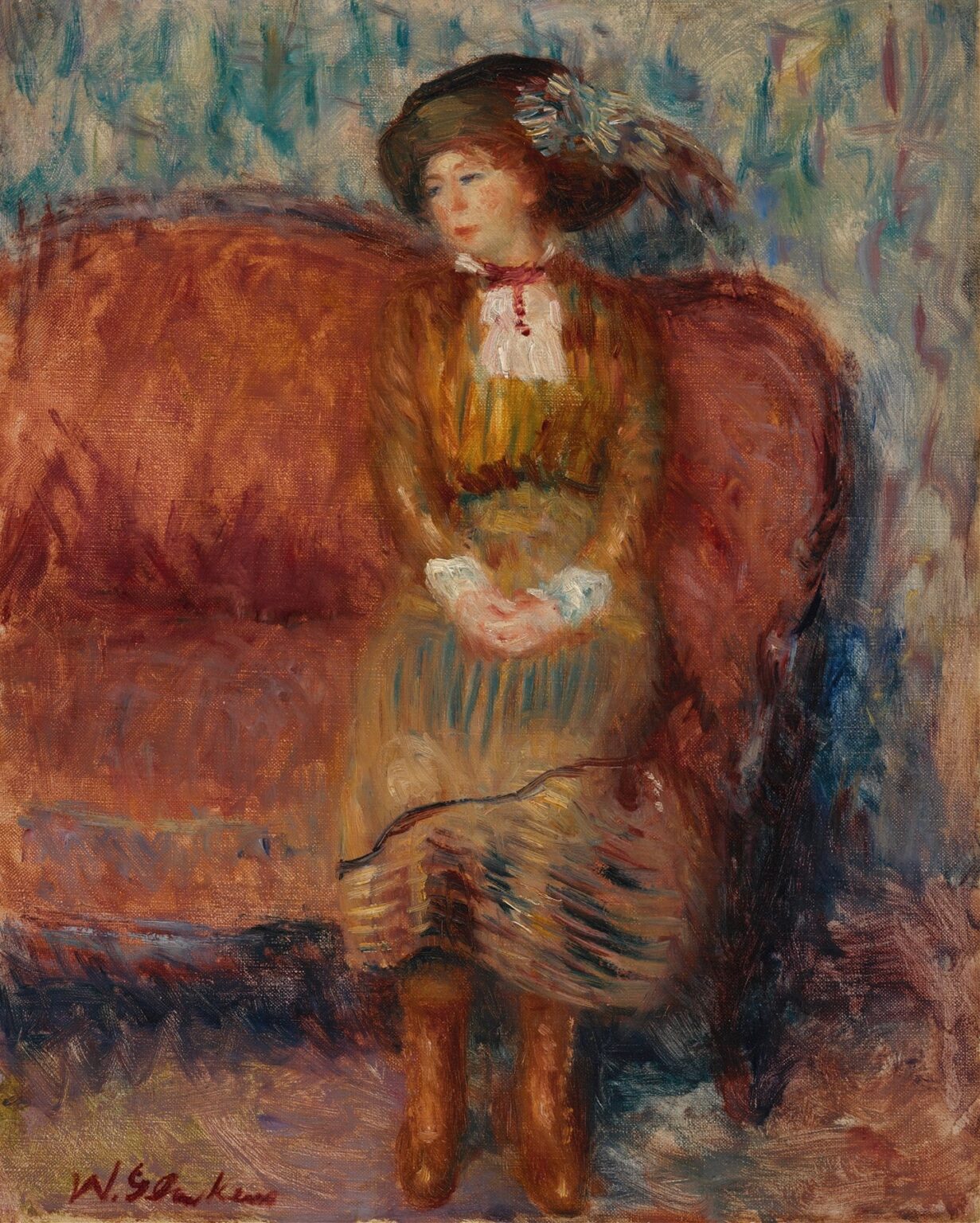 A seated woman in early 20th-century attire on a red sofa, painted by William James Glackens with impressionistic brushwork and soft color tones.