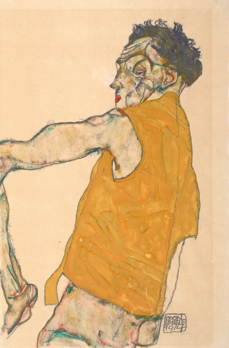 A self-portrait of Egon Schiele wearing a sleeveless yellow vest, his angular shoulders and extended arm rendered in jagged lines and muted flesh tones against a flat ochre background, with dark, scribbled hair and intense, half-lidded eyes.