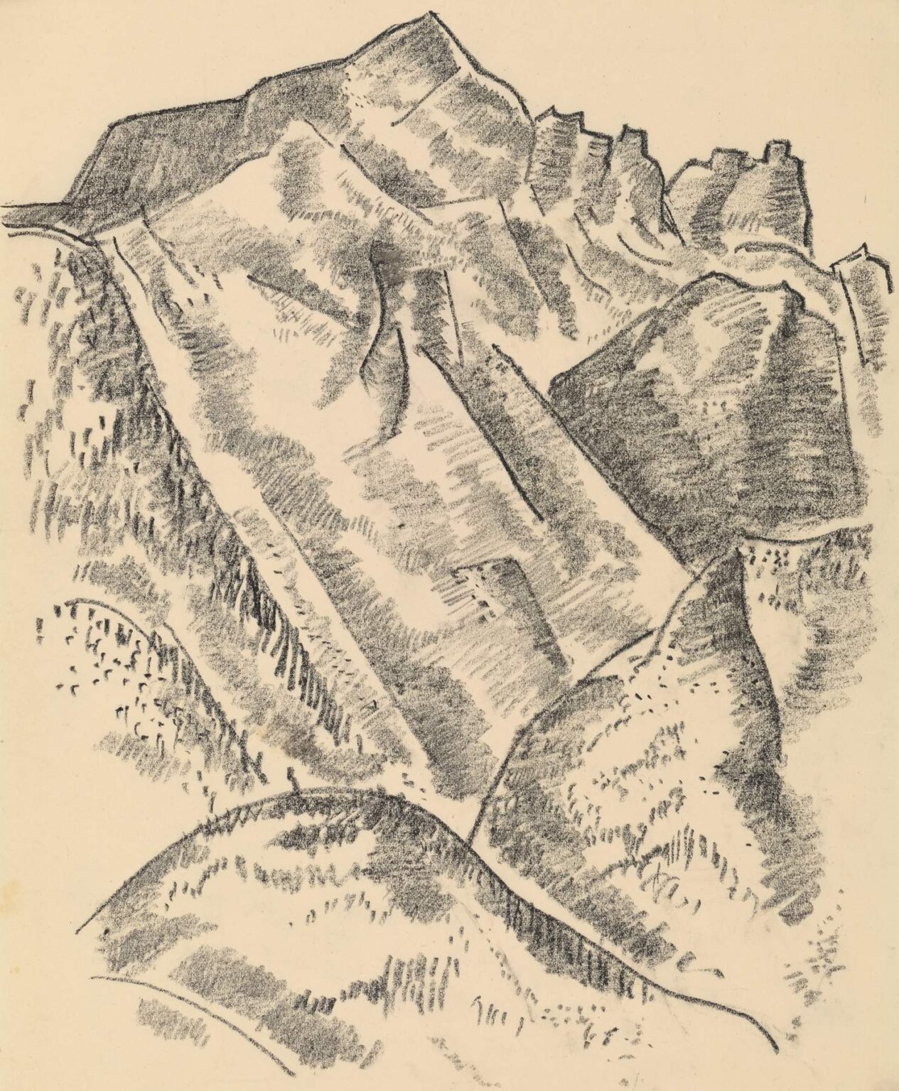 Charcoal drawing of Waxenstein showing three angular mountain peaks in varied shades of gray with deep shadows in the foreground and a blank sky above.