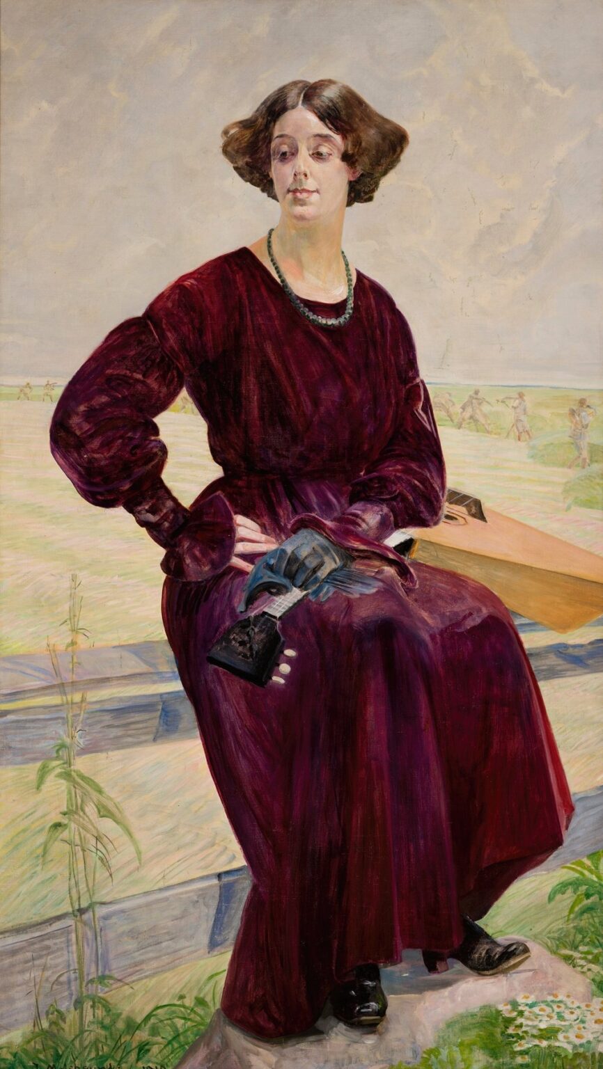 Oil painting by Jacek Malczewski showing Róża Aleksandrowicz in a deep red gown seated on a carved stump with a mandolin in her gloved hands, set against golden fields and a pastel sky with haymakers in the distance.