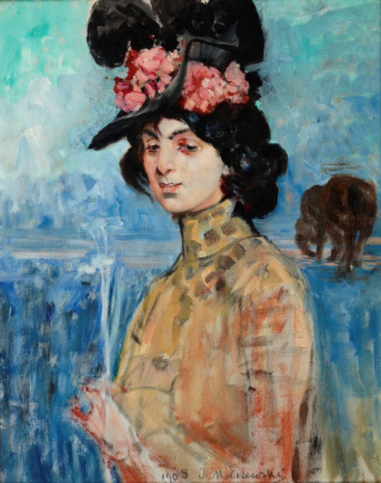 Oil painting by Jacek Malczewski depicting Zofia Atteslander in a feathered black hat adorned with pink flowers, wearing a high-collared patterned bodice, set against a turquoise-blue abstract landscape with distant grazing animals.