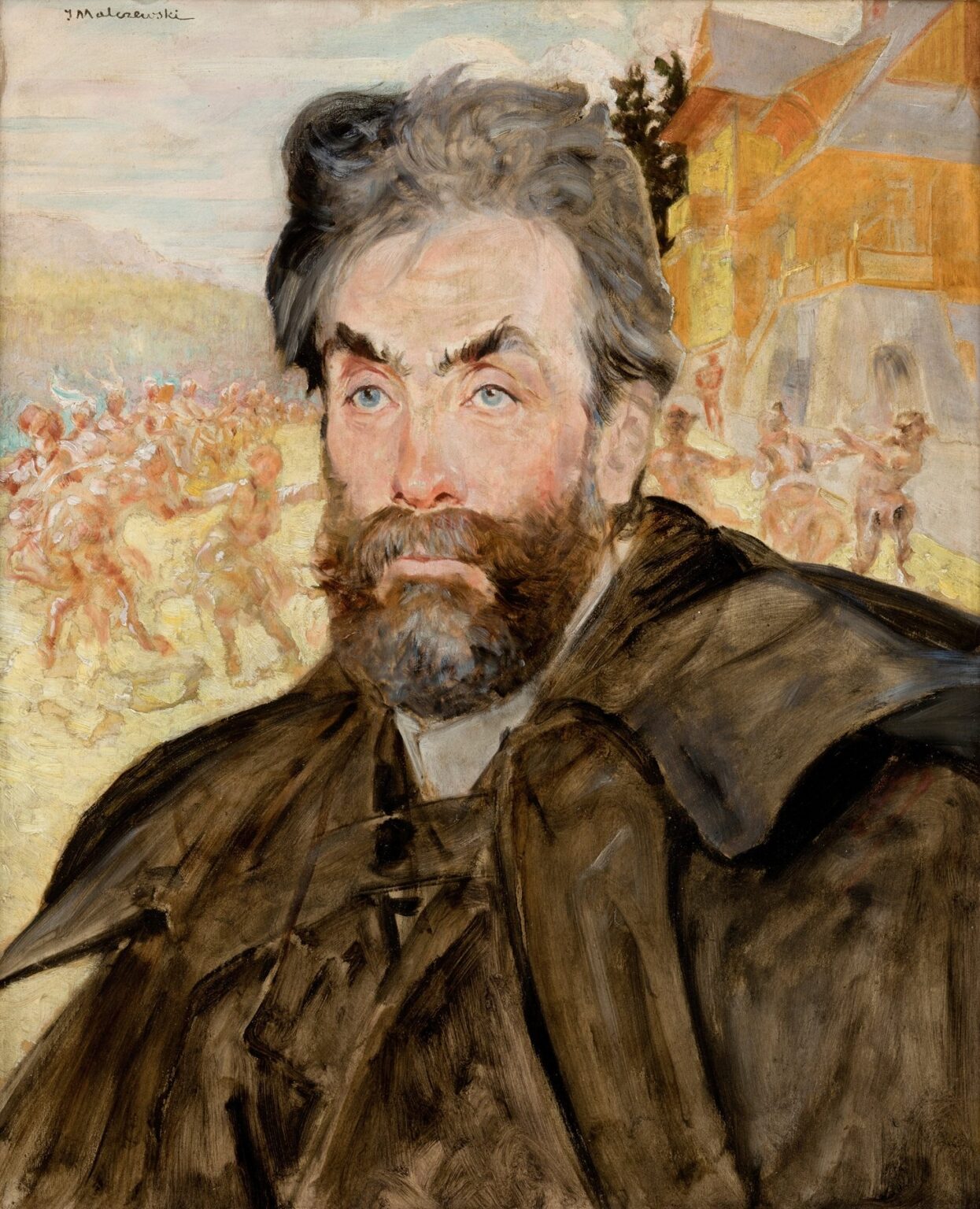 Oil painting by Jacek Malczewski depicting Stanisław Witkiewicz in a dark cloak before a golden field of Highlander dancers and wooden Zakopane villas under a pale sky.