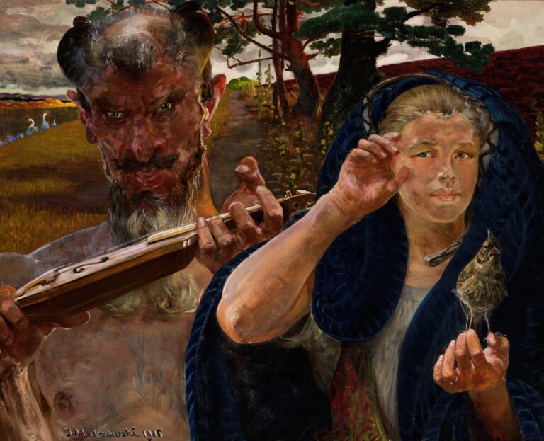 Painting by Jacek Malczewski showing a goat-horned satyr playing a folk instrument beside a cloaked young woman holding a small bird, set in a golden autumn field with migrating geese and a winding tree-lined path under a moody sky.