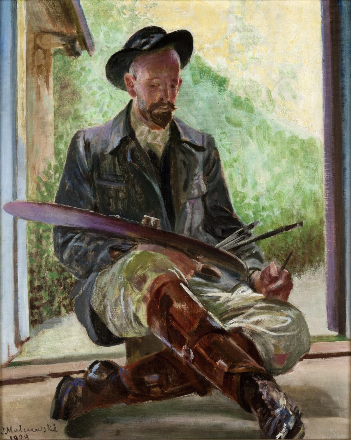 Three-panel oil painting by Jacek Malczewski showing (left) a seated painter holding palette and brushes on a windowsill, (center) a figure holding a white theatrical mask behind a doorway, and (right) a woman draped in a blue cloak gazing directly at the viewer.
