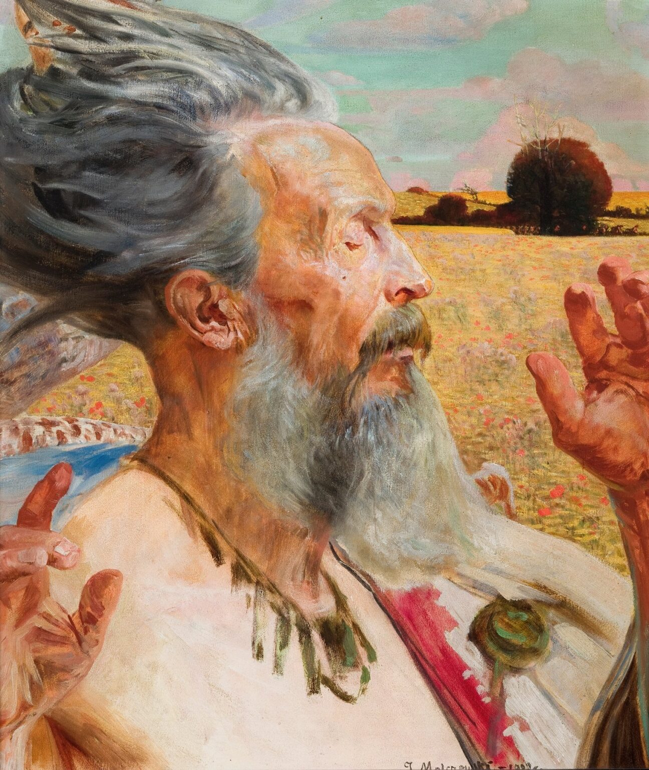 Oil painting by Jacek Malczewski showing a half-naked, bearded ascetic with long white hair and beard, eyes closed and hands raised in ecstasy, seated before a wheat field under a pink-green sky with geese in the background.