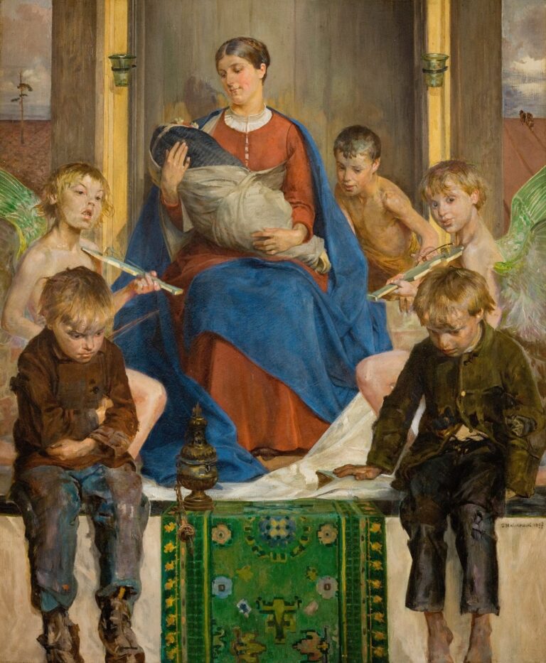 Oil painting by Jacek Malczewski showing a peasant mother holding her swaddled infant on a threshold, flanked by two barefoot boys and two childlike angels offering flutes and incense against a rural landscape.