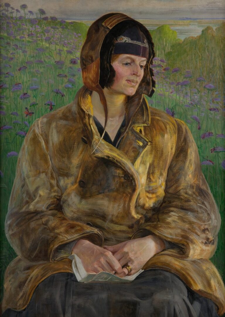 Oil painting by Jacek Malczewski showing a seated woman in an aviator’s jacket and helmet, holding a folded letter in her lap, set against a field of purple wildflowers and distant horizon under a pastel sky.