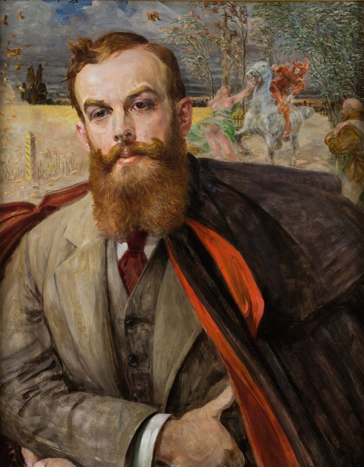 Oil painting by Jacek Malczewski showing Adam Łada-Cybulski in a pale suit and crimson-lined cloak, set against golden wheat fields with a dancing nymph, prancing horse, peasant figure, and swirling leaves under a gray sky.