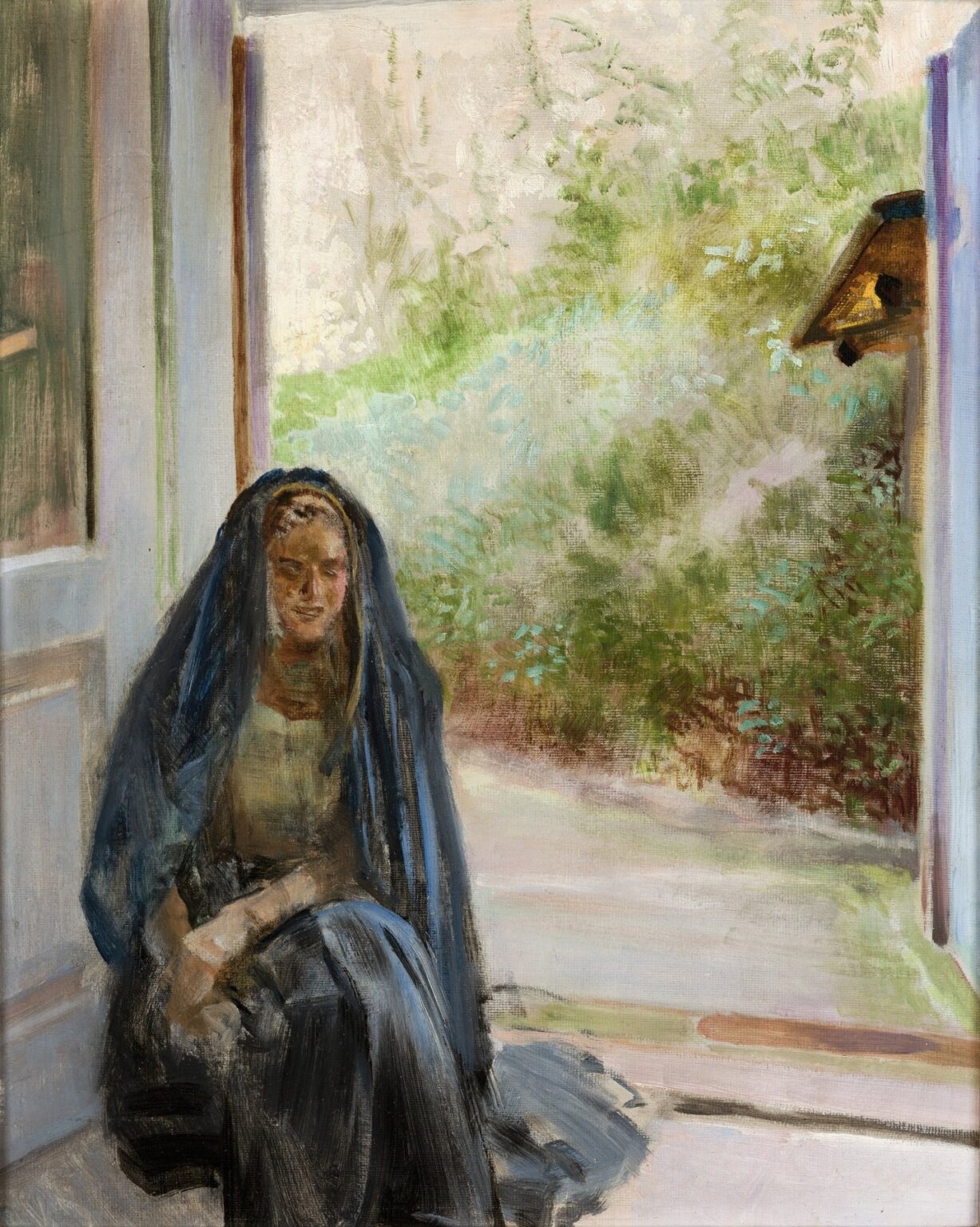Three-panel oil painting by Jacek Malczewski showing, from left to right, a seated painter-model holding palette and brushes, a partially hidden figure holding a white theatrical mask, and a young woman gazing directly at the viewer, all set against a softly lit studio threshold and leafy exterior.